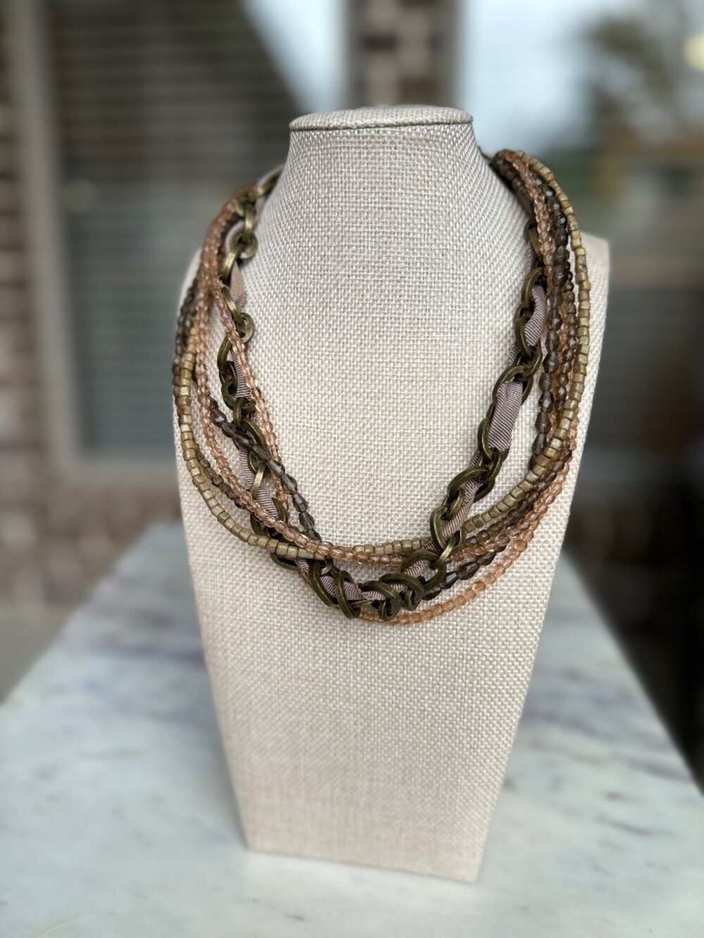 Boden Vintage Multi Strand Necklace Ribbon Beads Pink Gray Brown Brassy Chain